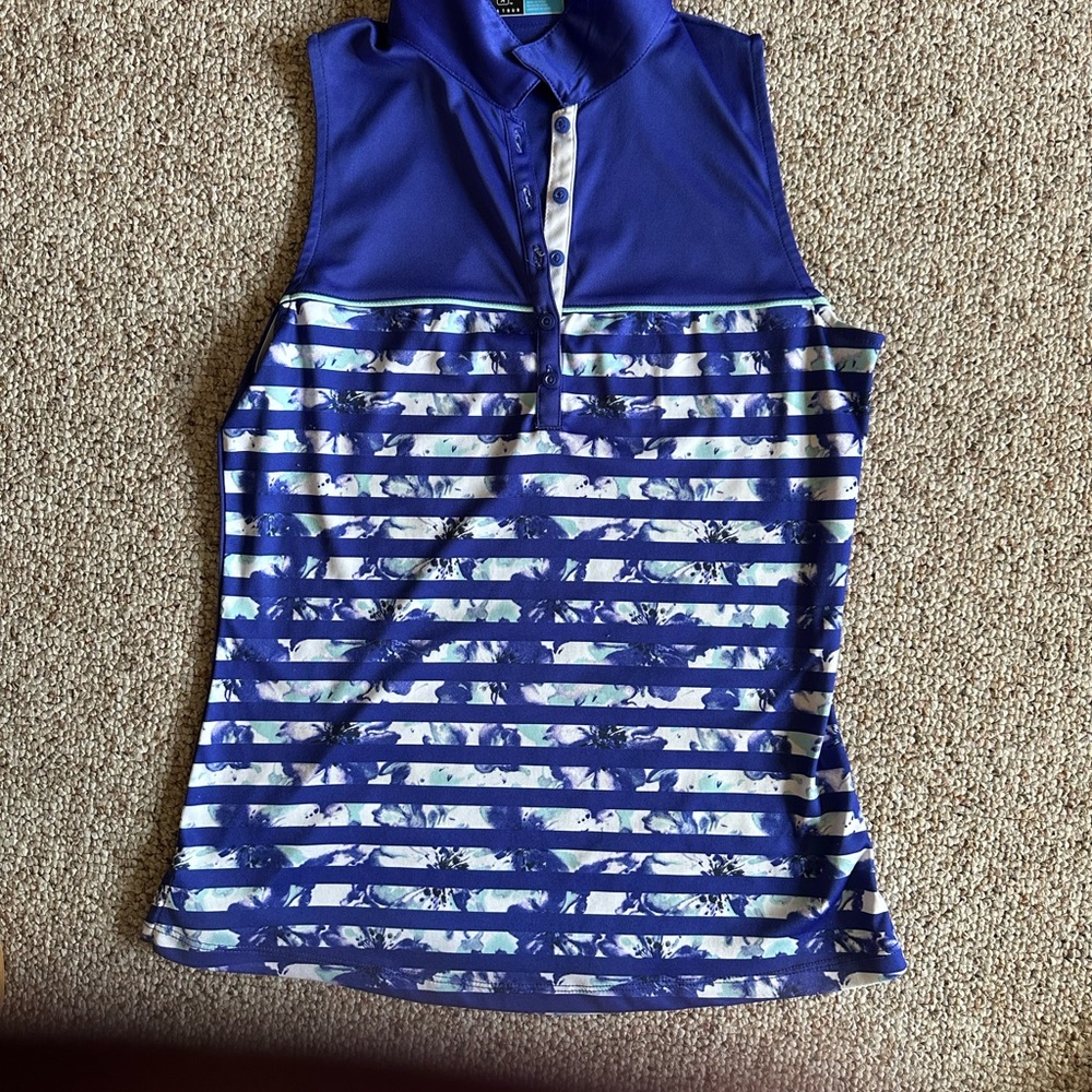 PGA Tour Blue and White Striped Sleeveless Polo Shirt small petite